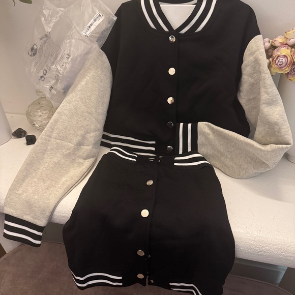 Skirt with cropped letterman style jacket sweatsuit set atheleisure wear - Picture 1 of 2